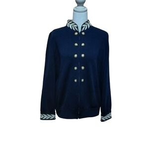 St John Collection Navy Knit Military Jacket Gold Buttons Embroidered Cuffs L